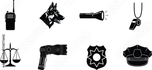Collection of black and white sketch-style illustrations of police and law enforcement equipment and symbols