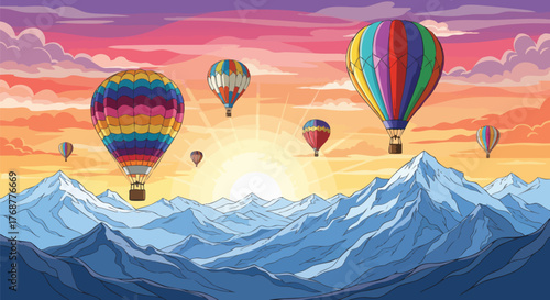 Whimsical vector illustration of colorful hot air balloons floating over a mountain range at sunrise