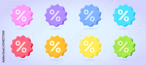 Colorful percent badge label set, funky sale discount icons, 3d vector illustration of three dimensional render isolated design for app or black friday promotion