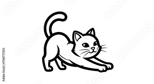 Charming Cat Stretching - A Playful Feline Illustration in Black and White.