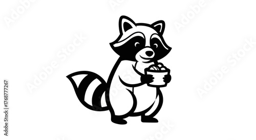 Charming Raccoon Illustration Holding a Bowl of Treats in Black and White.