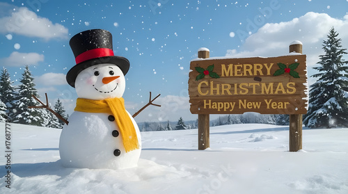 Funny snowman wearing a stylish black top hat adorned with a bright red band and a vibrant yellow scarf wrapped around its neck, standing on a vast snowy field with snowflakes gently falling 