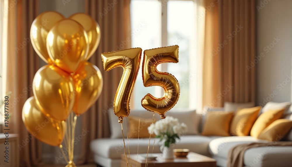 Obraz premium Gold number 75 balloons float indoors near a sofa. Festive golden balloons signify a birthday or anniversary celebration at home, creating a joyful atmosphere. Decorations suggest a happy event.