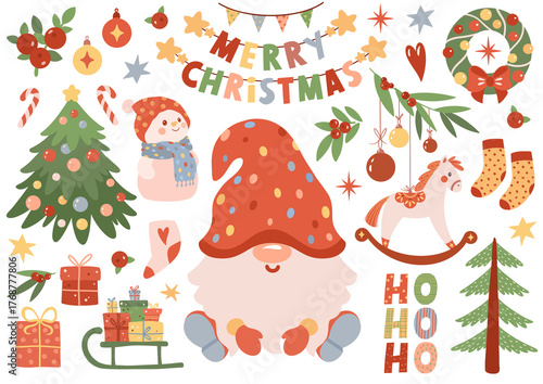 A cute Christmas clipart set featuring a gnome, decorated Christmas tree, gifts, wreath, ornaments and holiday elements. Perfect for greeting cards, invitations, posters, and festive designs