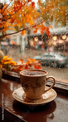 Cozy autumn coffee moment watching rain through window with vibrant leaves