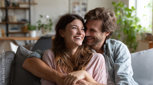 Happy couple embracing with genuine laughter, sharing a joyful moment at home
