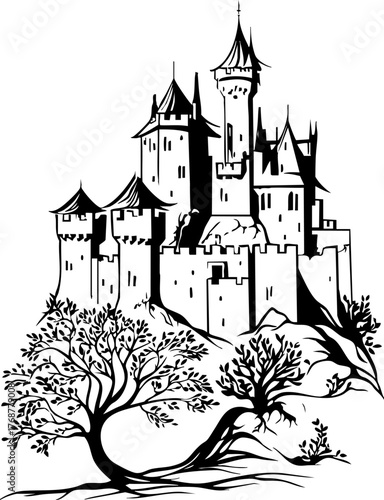 Medieval Castle Illustration in Black and White