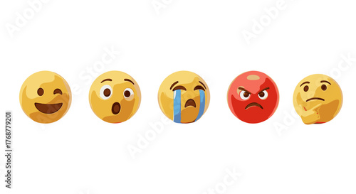 A diverse collection of five expressive 3D emojis arranged in a row against a stark black background, showcasing a spectrum of emotions from joy and surprise to sadness, anger, and contemplation