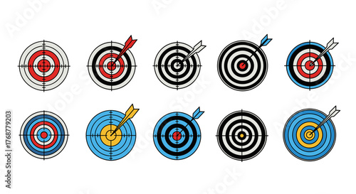 Collection of ten colorful and diverse target and dart illustrations, each with a unique design and color scheme, presented against a black background, symbolizing goals, accuracy, and precision in a