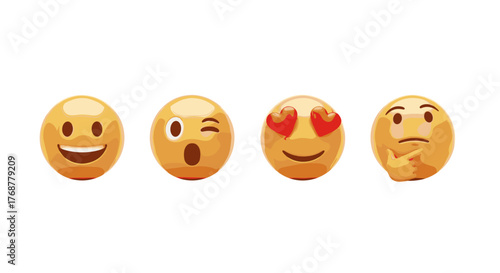 A collection of four distinct 3D rendered emoji faces, each expressing a different emotion: a happy smiley face, a surprised winking face, a face in love with heart-shaped eyes, and a thoughtful face