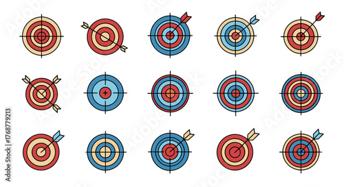 Collection of fifteen flat design target icons with arrows, representing accuracy, goals, and success in business and sports. These vector graphics feature concentric circles in red, blue, and beige