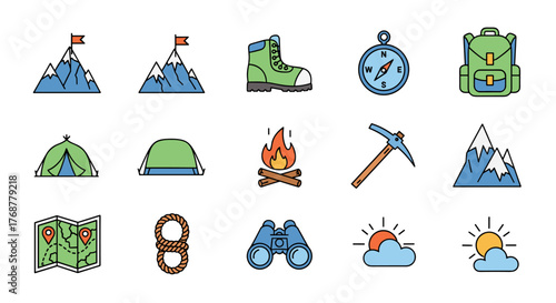 Set of flat design icons for outdoor adventure and camping, featuring mountains, tents, campfire, backpack, compass, hiking boots, map, rope, pickaxe, binoculars, and weather symbols like sun and