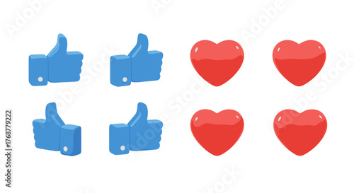 Four 3D rendered blue thumbs up icons and four red heart icons arranged in two rows against a black background, representing social media engagement, likes, and positive feedback in a modern digital
