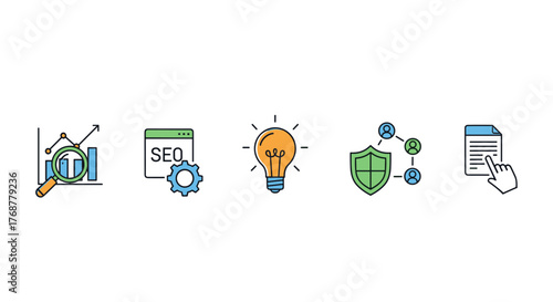 Set of five flat icons representing business concepts: data analysis with magnifying glass and charts, SEO optimization with gear and browser window, bright idea represented by a lightbulb, network