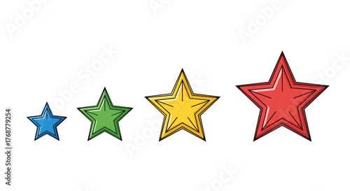 A vibrant collection of four stylized stars in ascending size, featuring a small blue star, a medium green star, a larger yellow star, and a prominent red star, all set against a stark black