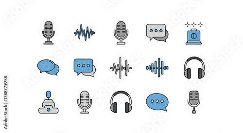 Collection of flat design icons representing audio recording, podcasting, and communication, featuring microphones, sound waves, headphones, and speech bubbles in a modern, minimalist style with a