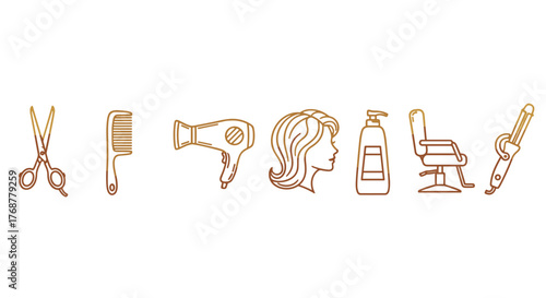 Golden line art icons representing hair salon and beauty services, including scissors, comb, hairdryer, female silhouette, shampoo bottle, barber chair, and curling iron, set against a black