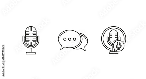 Set of three outline icons representing audio recording and communication: a vintage microphone on a stand, a pair of speech bubbles with dots, and a microphone icon within a circular frame