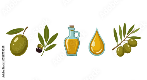 A vibrant collection of olive-themed icons, showcasing whole olives, olive branches with leaves and fruit, a glass bottle filled with golden olive oil, and a single drop of pure olive oil, all set