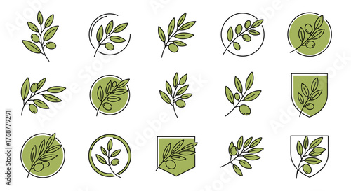 Collection of stylized olive branch icons and emblems, featuring simple line art with green fill, presented on a black background, perfect for branding, food packaging, and organic product design