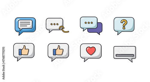 Collection of eight modern flat design speech bubble icons representing communication, social media interactions, and feedback, including messages, likes, hearts, questions, and typing indicators
