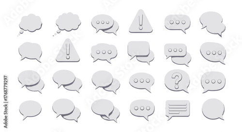 Collection of 3D white speech bubbles and thought clouds with various icons like ellipses, question mark, and exclamation mark, isolated on a black background, representing communication, ideas, and
