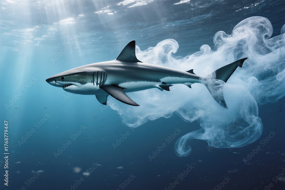 Fototapeta premium A stunning shark gliding effortlessly and gracefully through the vibrant blue depths of the vast ocean