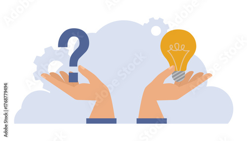 Question and answer hands holding question mark and lightbulb.