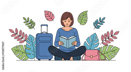 Woman relaxes reading book with travel luggage and handbag surrounded by tropical leaves