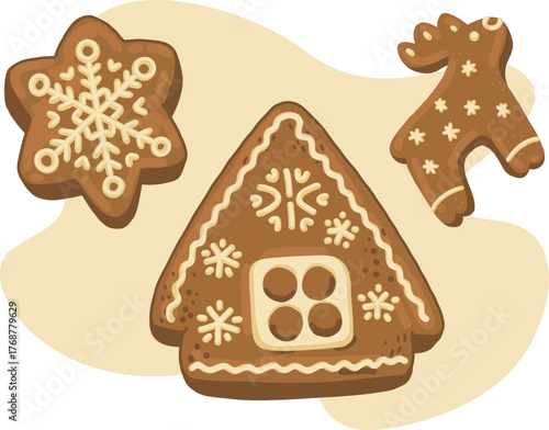 Gingerbread Christmas cookies decorated icing. Cookies for Christmas, New Year, winter holidays. Gingerbread cookies Isolated on white background. Hand-drawn cartoon vector illustration.