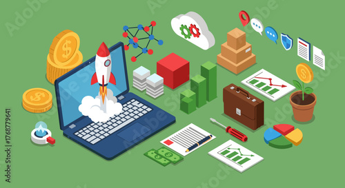 Dynamic startup launch strategy shows growth and innovation with rocket and laptop