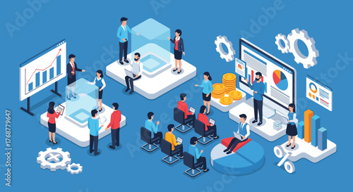 Dynamic team collaborates on modern business strategy presentation with data visualization