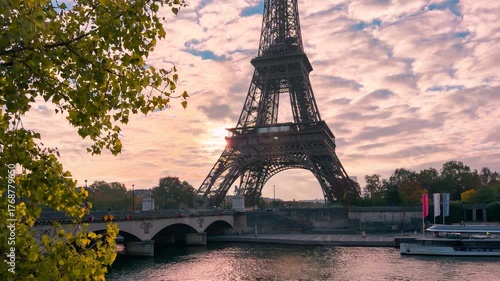 View of the Eiffel Tower at sunrise. Paris, France, October 14, 2025. High quality 4k footage