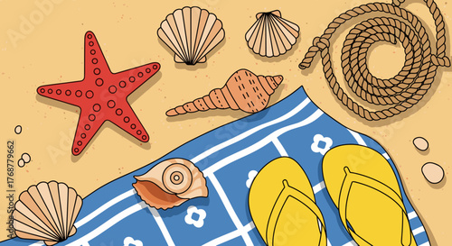 Summer beach vacation essentials starfish shells towel flip flops and rope on sand
