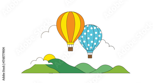 Joyful hot air balloons soar above rolling green hills under a bright sun