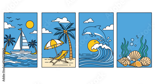 Vibrant summer beach scenes capture ocean fun, relaxation, and marine life