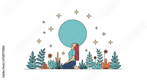 Vector woman sitting in moonlight with stars and plants in peaceful night illustration
