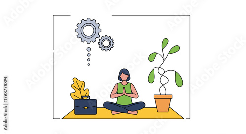 Vector illustration of woman meditating at work with plants, suitcase and thought gears
