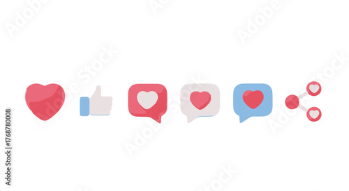 A vibrant collection of social media icons, including a large red heart, a white thumbs-up gesture, three speech bubbles with hearts inside (pink, white, and blue), and a share icon composed of
