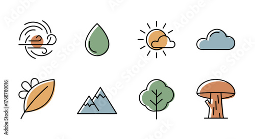 A collection of eight nature-themed icons, featuring a swirling wind, a water droplet, a sun partially obscured by a cloud, a fluffy cloud, an autumn leaf, a mountain range, a stylized tree, and a