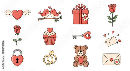 A charming collection of Valentine's Day icons, featuring a winged heart, lovebirds on a branch, a gift box, a red rose, a cupcake, a heart-shaped key, a heart padlock, wedding rings, a teddy bear