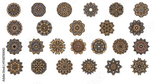 A stunning collection of 24 intricate mandala designs, each featuring a unique geometric pattern in warm earthy tones of gold, brown, and blue, perfect for decorative backgrounds, textile prints, or