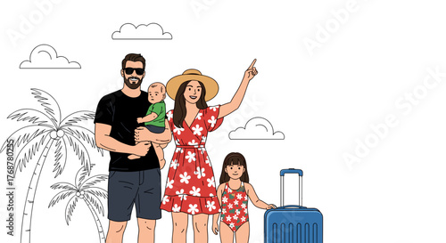 Joyful family embarking on a tropical vacation adventure with luggage and palm trees