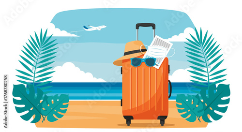 Vibrant orange suitcase packed for tropical beach vacation with mask, hat, sunglasses