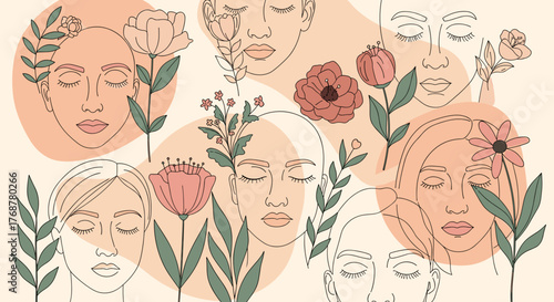 Serene women's faces bloom with floral elements, conveying calm beauty and nature's grace.