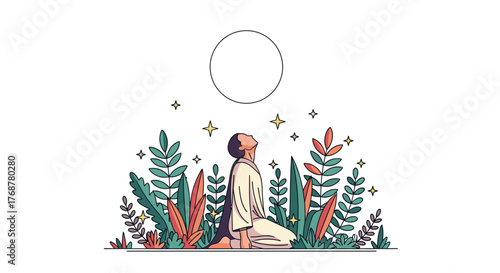 Spiritual seeker finding peace gazing at moon amidst lush vibrant nature and stars