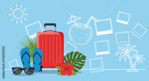 Vibrant summer vacation essentials with red suitcase and tropical drink ready for adventure
