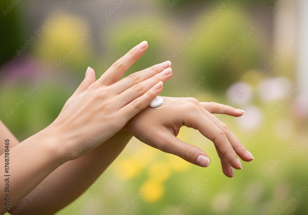 Fototapeta premium Woman applying moisturizing lotion on hand in the garden, concept of skincare and beauty.