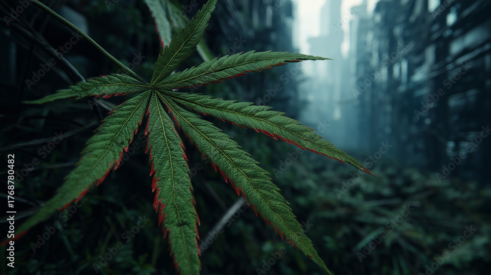 Obraz premium Close-up of a green cannabis leaf with red edges in an overgrown, futuristic urban environment.