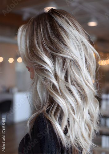An editorial photoshoot at a hair salon featuring a beautiful young woman with a medium-length, layered lob haircut and balayage, whose dark root transforms to bright, icy platinum blond.
